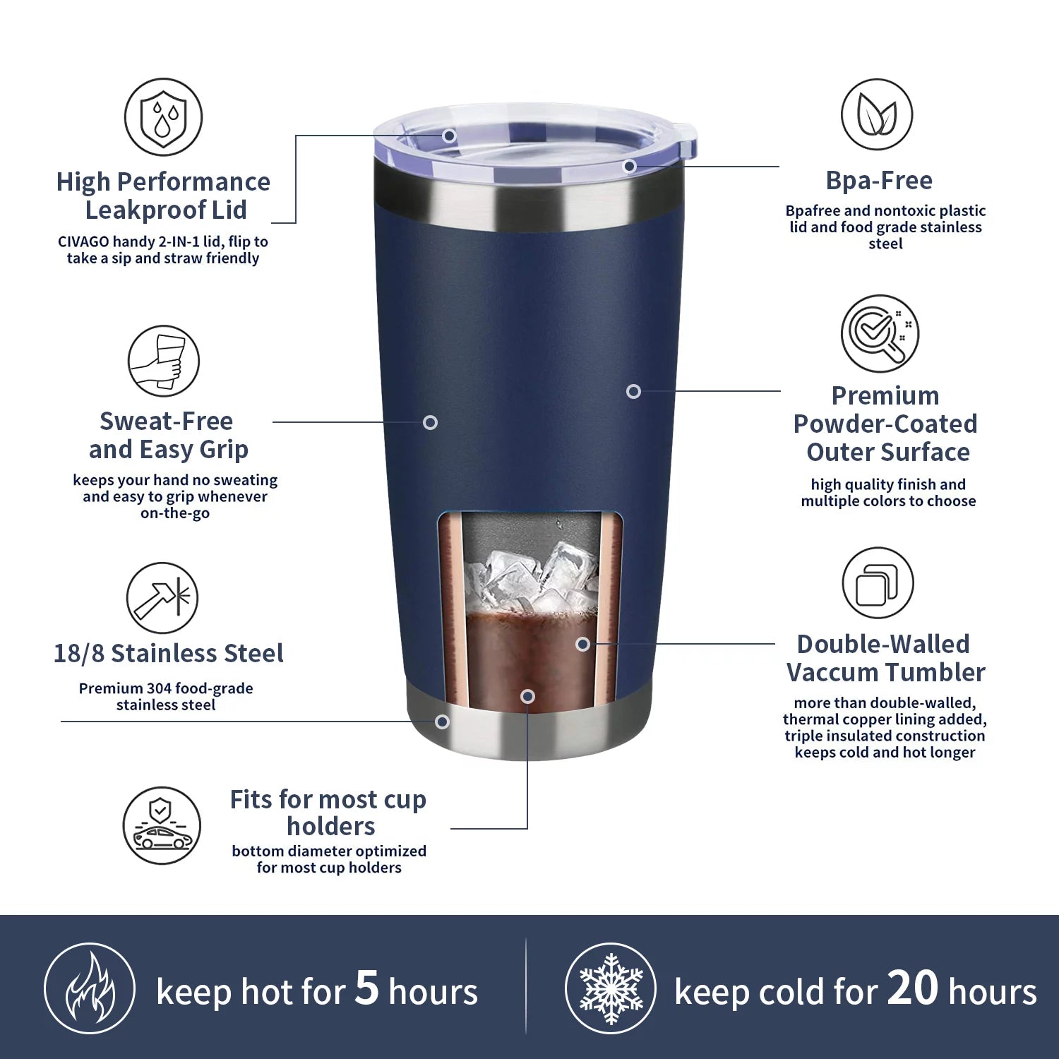 20oz Double Wall Vacuum Insulated Stainless Steel Tumbler 8 Pack with Lid and Straw L975