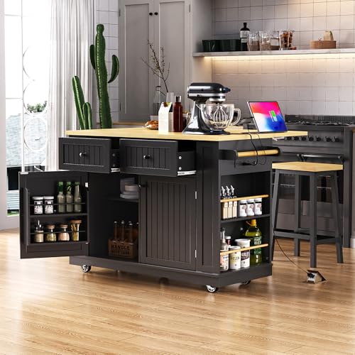 Black 48-inch Rolling Kitchen Island with Drop Leaf & Power Outlet K1369