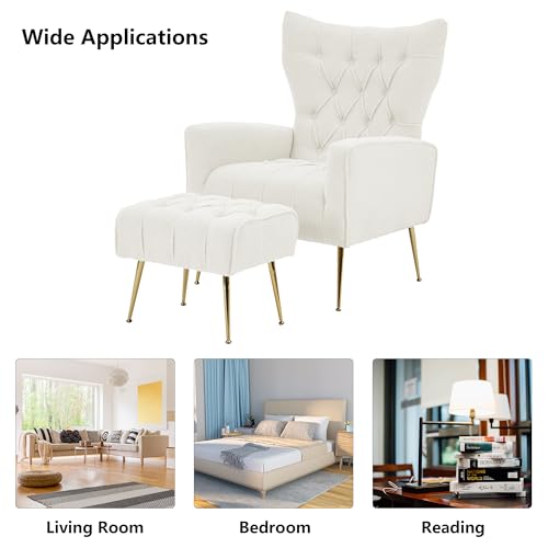 White Upholstered Boucle High Wingback Armchair with Gold Metal Legs Y66982