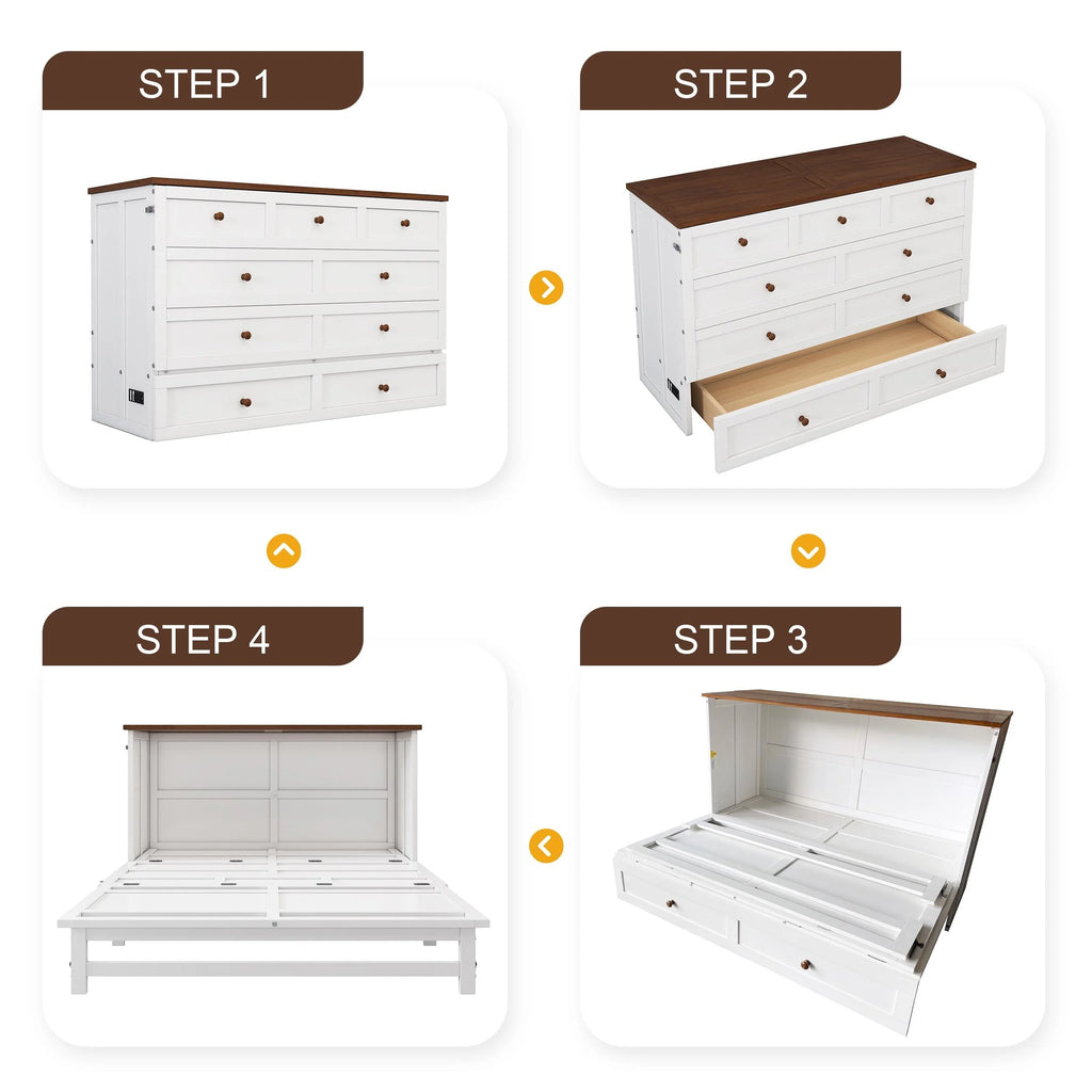 White+Walnut Solid Wood Queen Size Murphy Bed with Storage Drawer Y192053