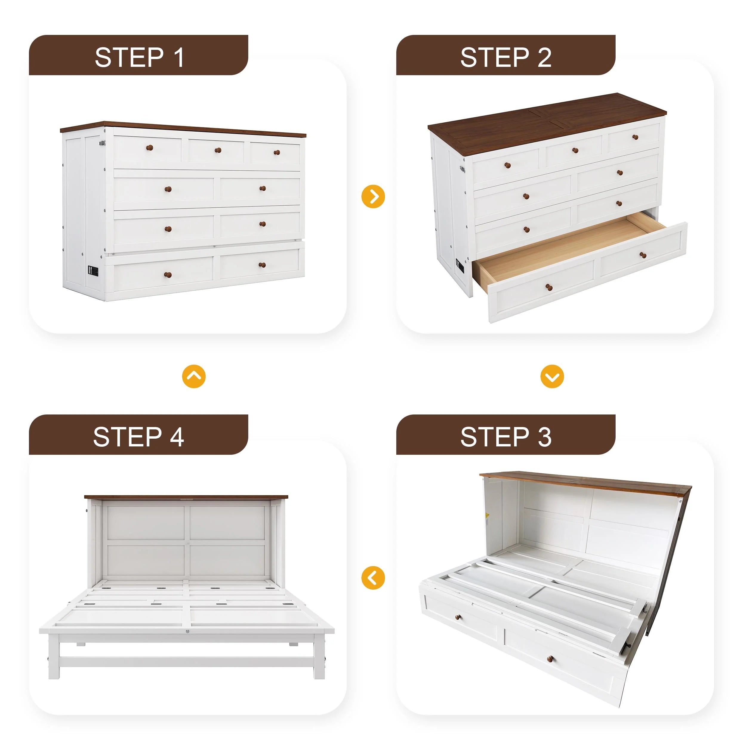 White+Walnut Solid Wood Queen Size Murphy Bed with Storage Drawer Y192053