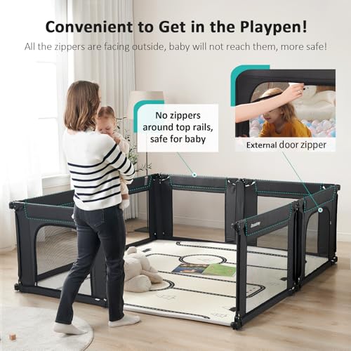 Black Adjustable Large Baby Playpen with Breathable Mesh O58538