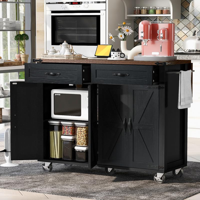 Black Farmhouse Kitchen Island with Power Outlet and Drop Leaf R30551