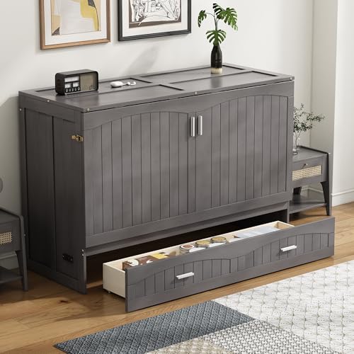 Gray Queen Size Murphy Bed with Storage Drawer X396