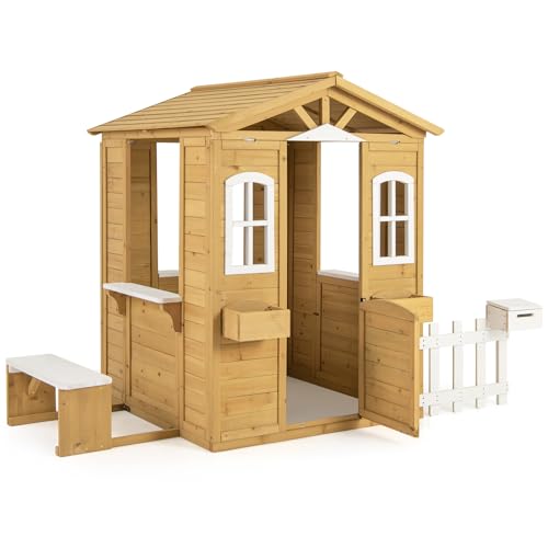 Fir Wood Outdoor Playhouse with Bench, Mailbox, Fence, Windows & Door P625210