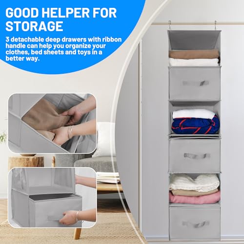 6-Shelf Hanging Closet Organizer with 3 Removable Drawers and 4 Side Pockets, Light Gray D7693