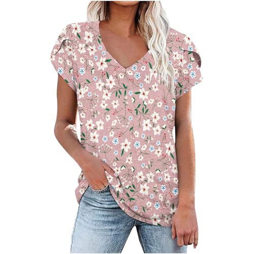 Women's Casual Summer Petal Short Sleeve V Neck Floral Boho Loose Tunic Blouses Q224384