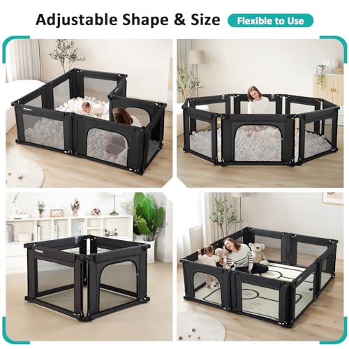 Black Adjustable Large Baby Playpen with Breathable Mesh O58538