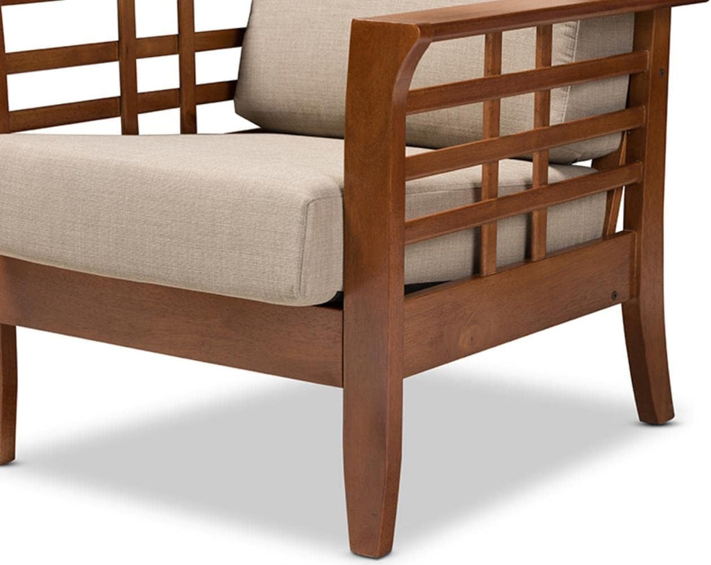 Cherry Finished Brown Wood and Dark Beige Fabric High Back 1-Seater Lounge Chair W56091