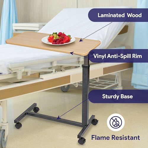 Overbed Table with Wheels Adjustable Height Wood Top E8213