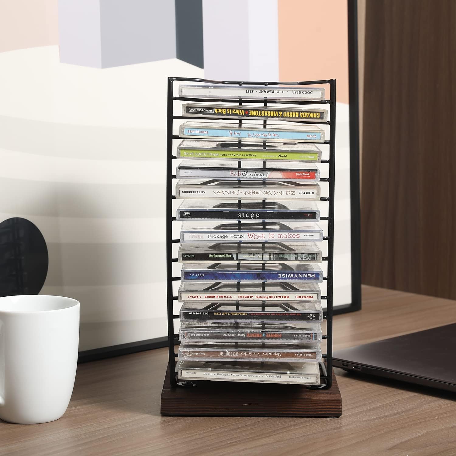 Matte Black Metal Wire Vertical CD Holder with Burnt Wood Base, Holds 15 Jewel Cases T10189