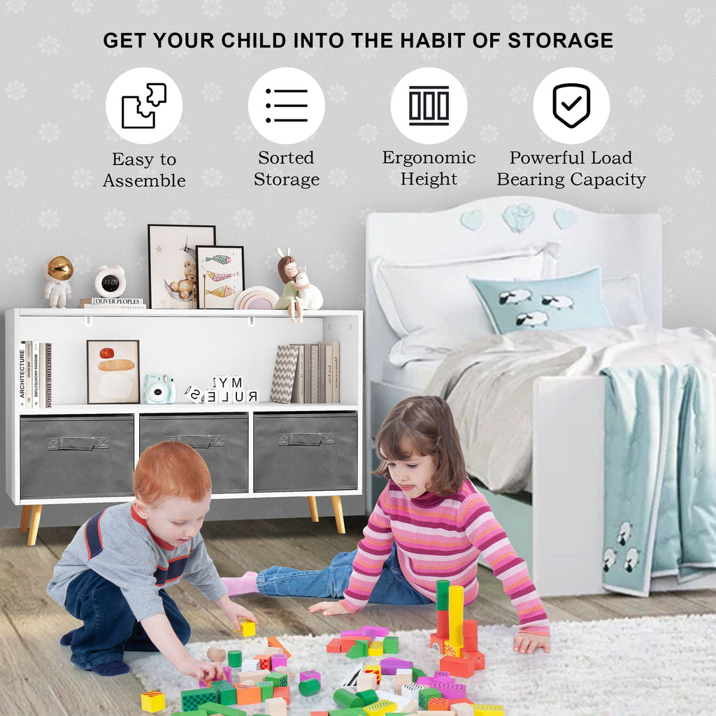 White Kid's Toy Storage Cabinet with Collapsible Fabric Drawers E48337