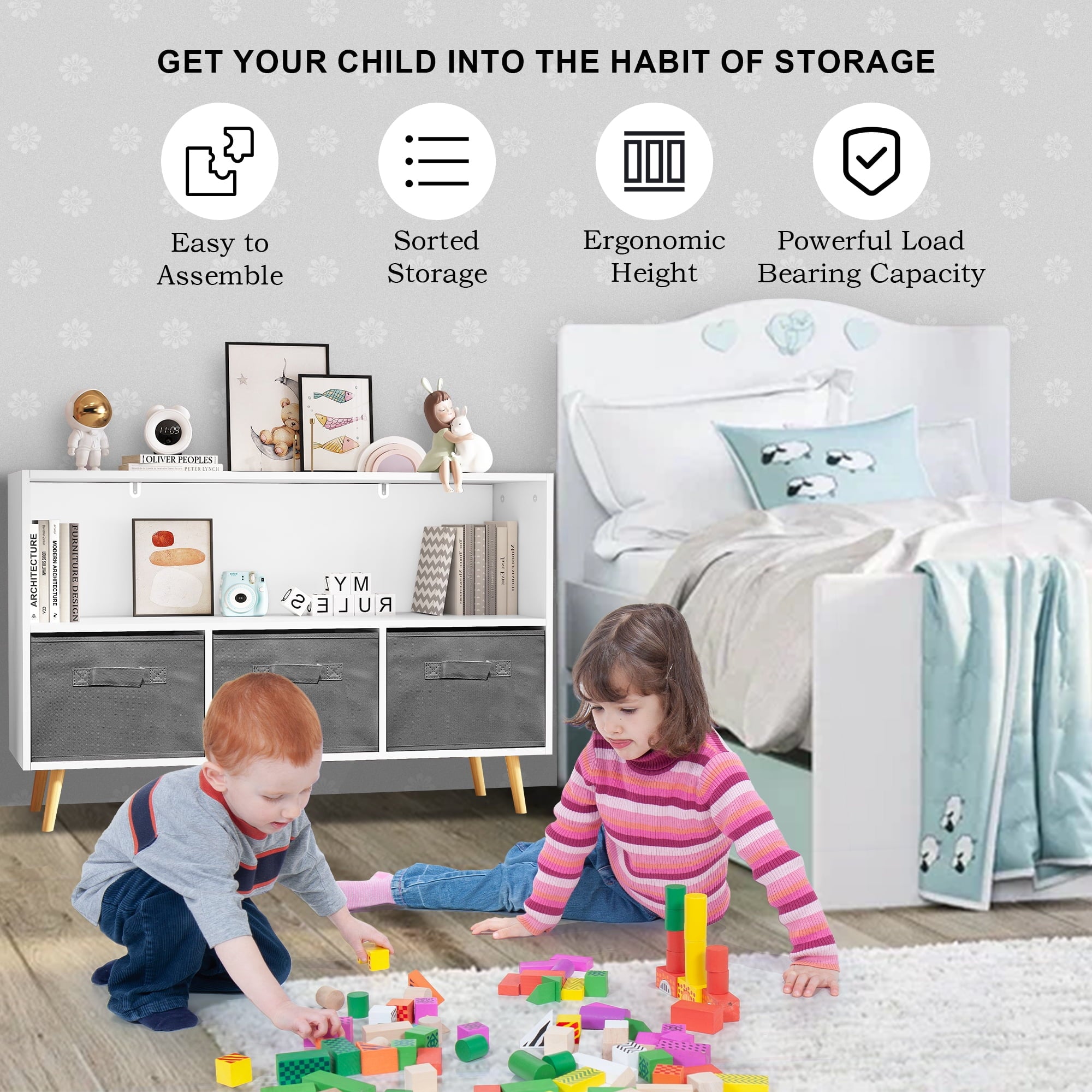 White Kid's Toy Storage Cabinet with Collapsible Fabric Drawers E48337