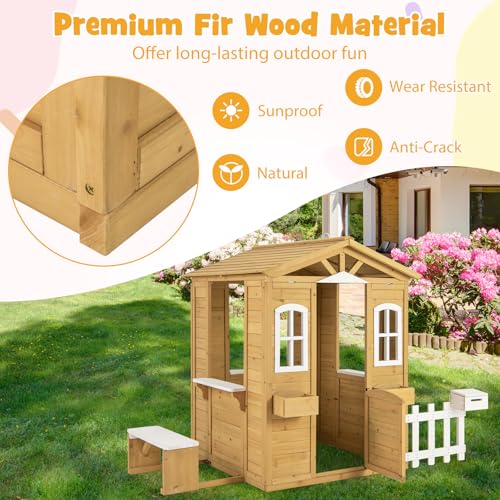 Fir Wood Outdoor Playhouse with Bench, Mailbox, Fence, Windows & Door P625210