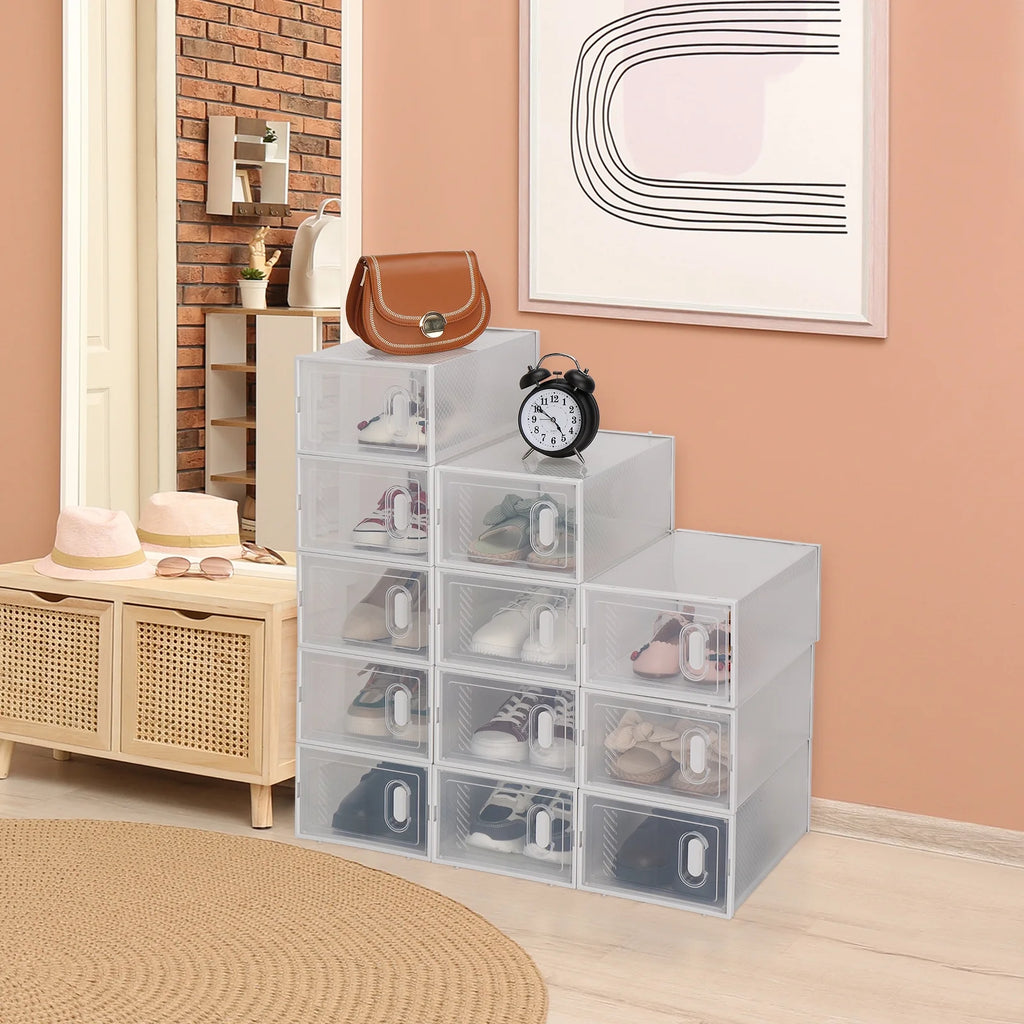 12 Packs White Clear Lid Foldable Stackable Shoe Storage Boxes Z28607