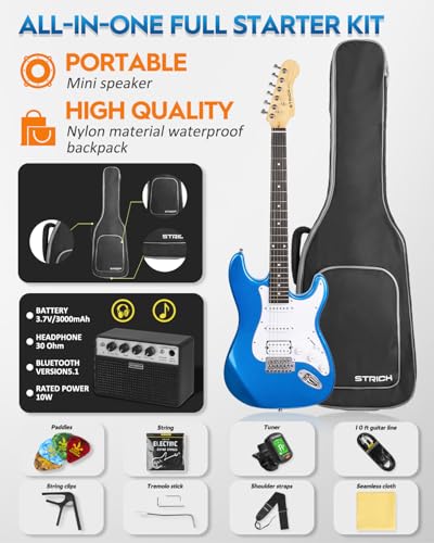 39" Full Size Electric Guitar HSS Pick Up with 10W Amp, Bag, Digital Tuner, Capo, Strap, String, Cable, Picks J817