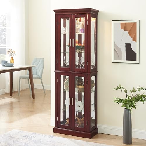 Lighted Glass Display Cabinet with Adjustable Shelves and Mirrored Back H6879