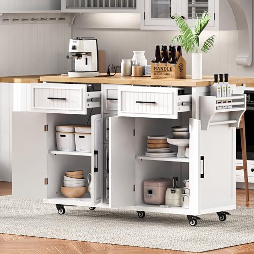 Black 48-inch Rolling Kitchen Island with Drop Leaf & Power Outlet K1369