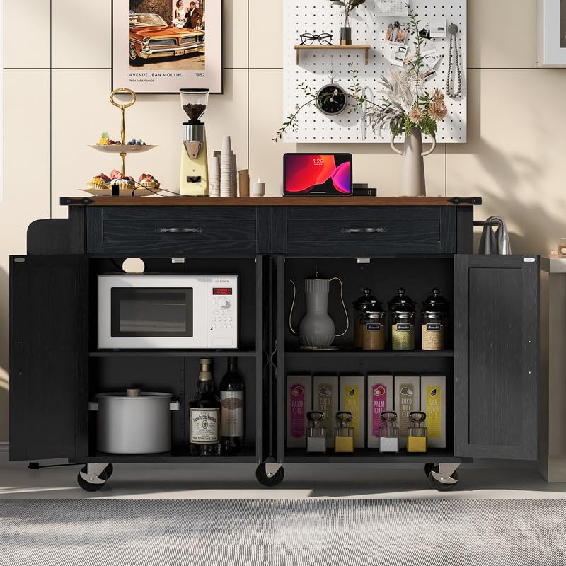 Black Farmhouse Kitchen Island with Power Outlet and Drop Leaf R30551