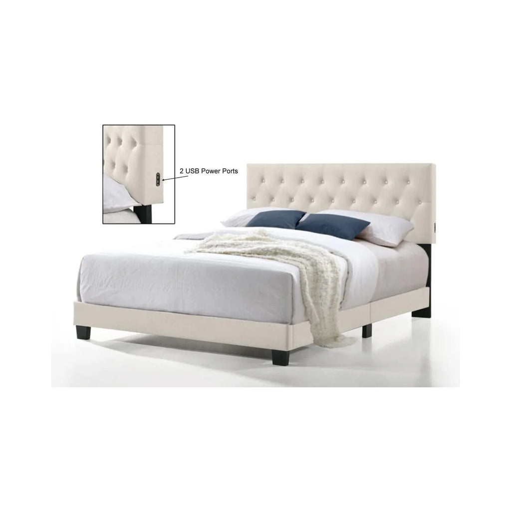 Beige Twin Size Linen Bed with USB Power Connection F87852