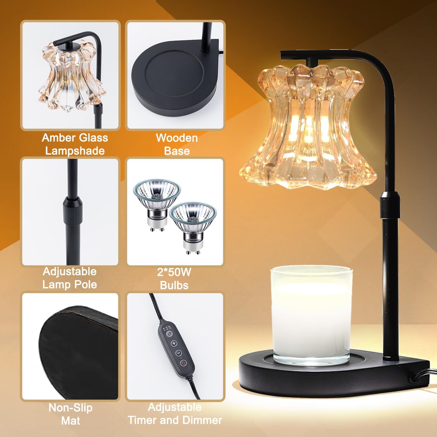 Candle Warmer Lamp with Dimmer and Timer, Adjustable Height, 2 Bulbs, Black G8979