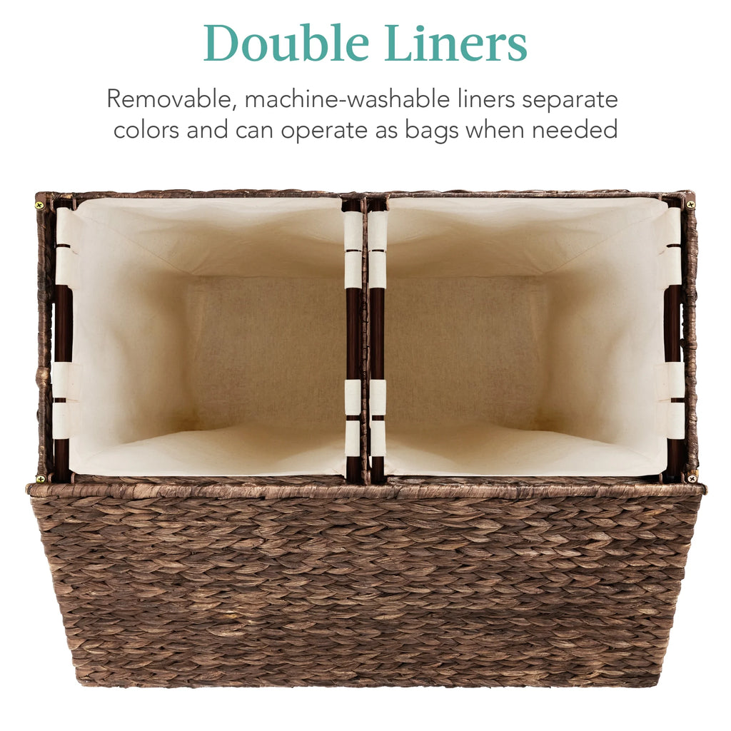 Large Natural Water Hyacinth Double Laundry Hamper Basket with 2 Liner Bags C36935