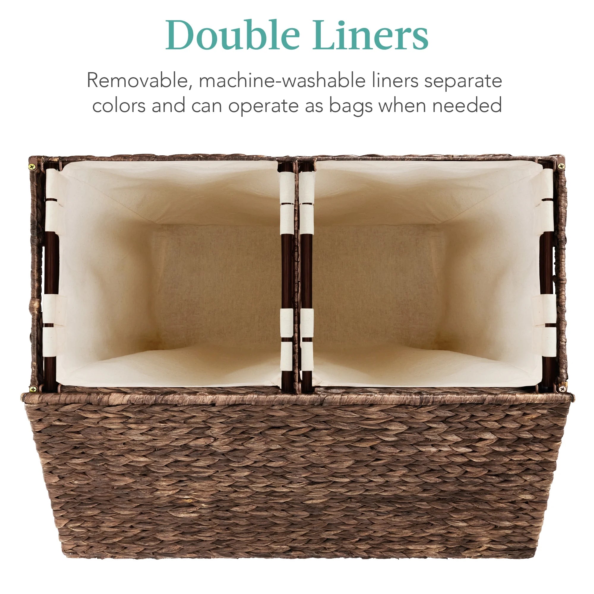 Large Natural Water Hyacinth Double Laundry Hamper Basket with 2 Liner Bags C36935