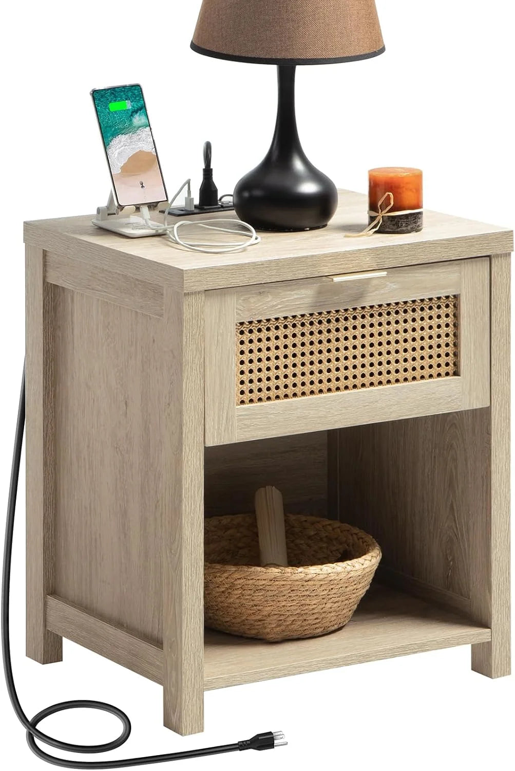 Farmhouse Nightstand with Charging Station Wood Drawer Accent Bedside Table with USB Ports Outlets End Table V5498