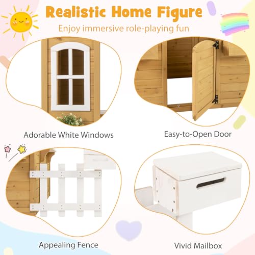 Fir Wood Outdoor Playhouse with Bench, Mailbox, Fence, Windows & Door P625210