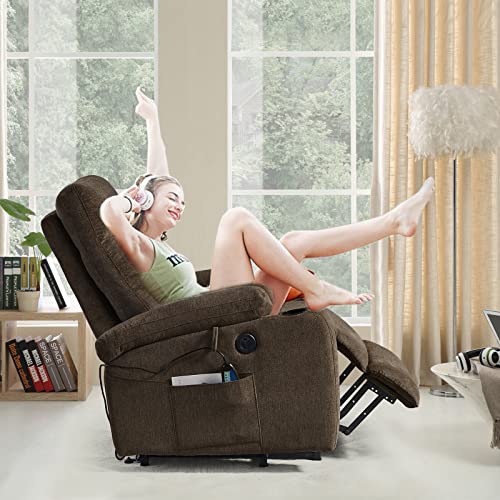 Brown Fabric Power Lift Recliner Chair with Cup Holders S361731