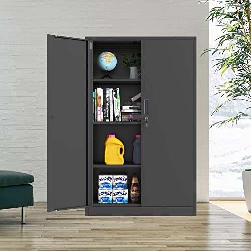 Black Metal Storage Cabinet with Locking Doors and 2 Adjustable Shelves T327