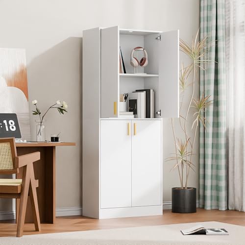 Gray 71" Tall Wood Storage Cabinet with Doors and Shelves D7505