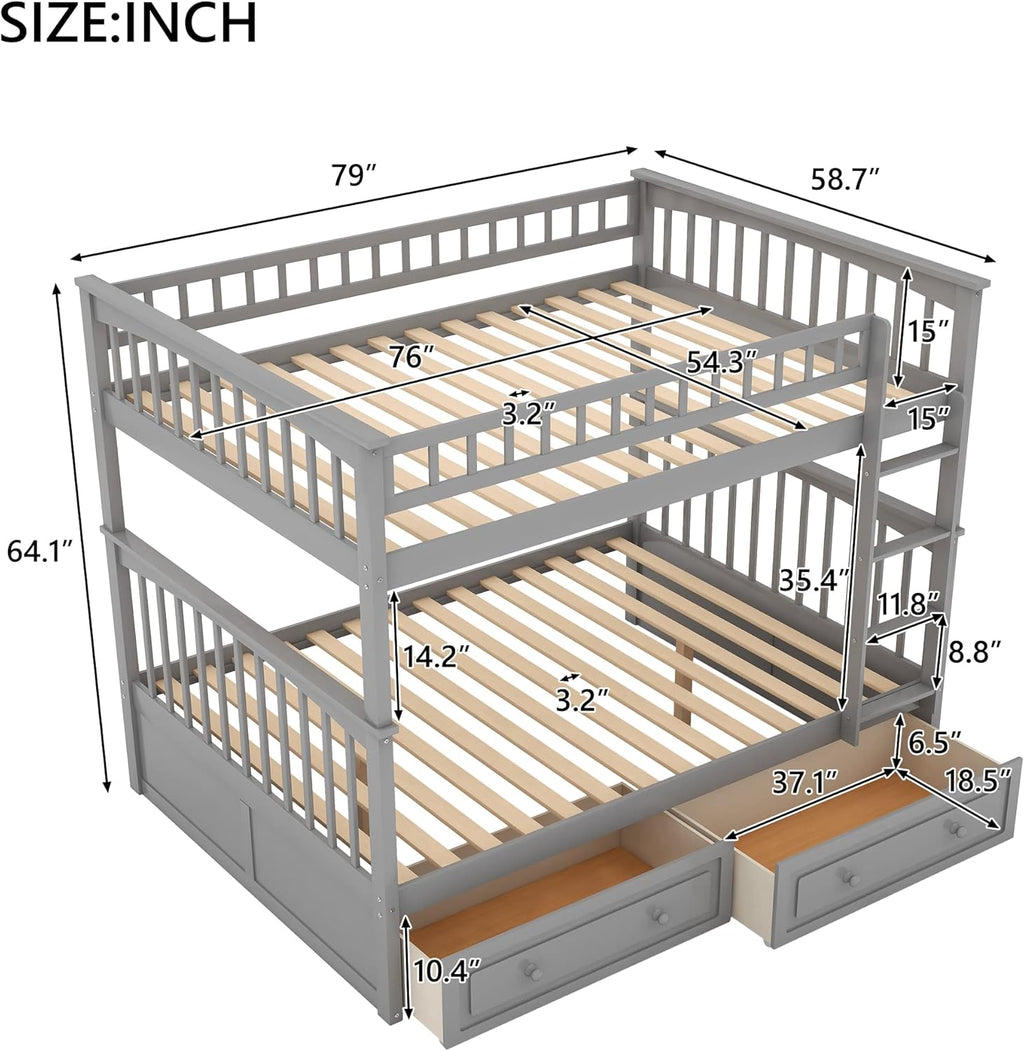 Gray Full Over Full Bunk Bed with Drawers Wood Bedframe O322