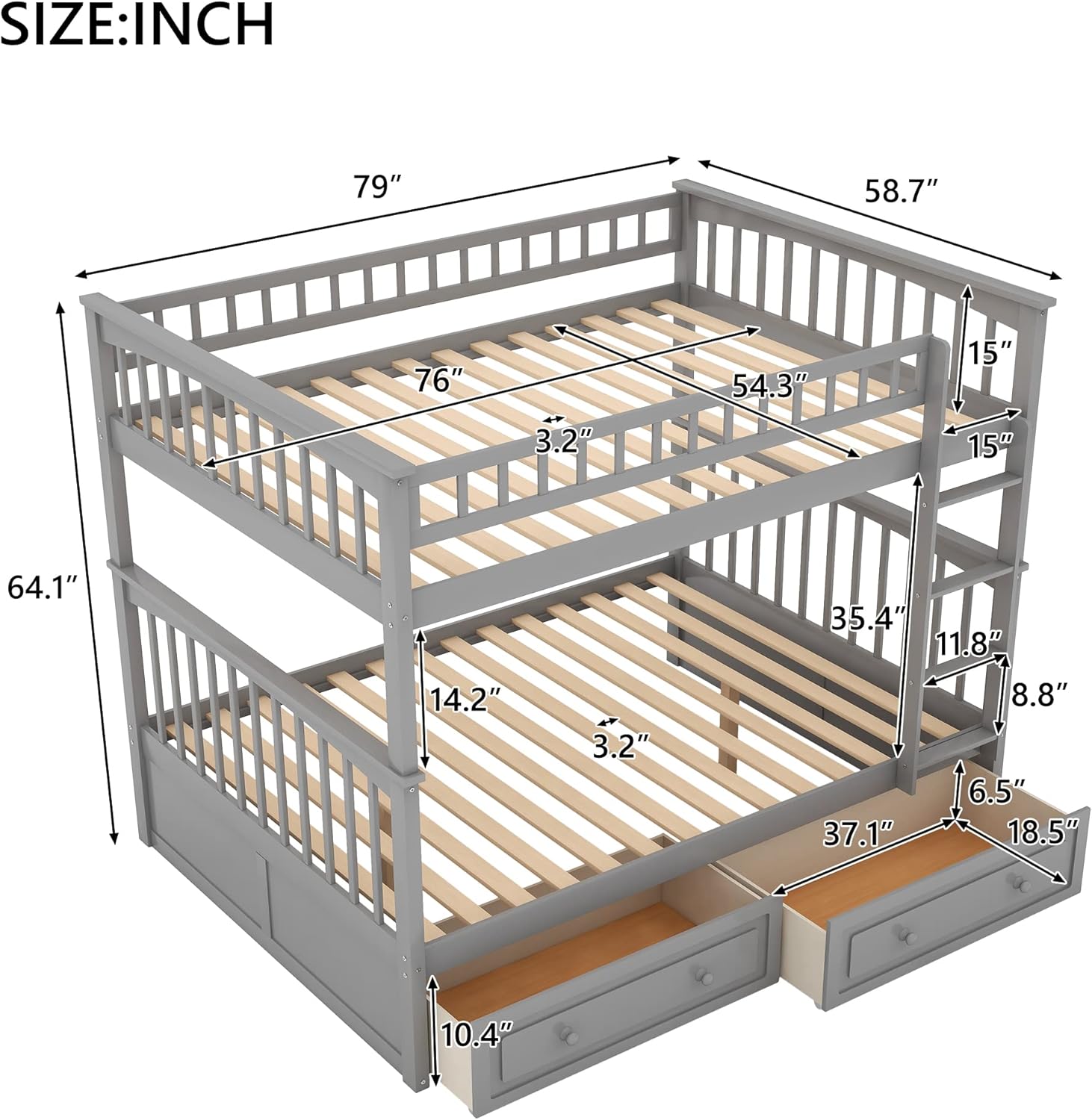 Gray Full Over Full Bunk Bed with Drawers Wood Bedframe O322