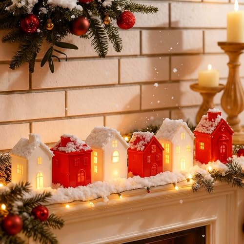 6 Pcs Ceramic LED Lighted Christmas Village Houses Green and White F2188