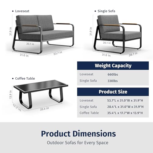 4-Piece Outdoor Patio Set with Sofa, Tempered Glass Table, Black & Dark Grey X598