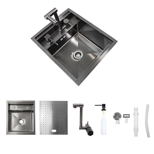 Black 17.32×14.17×7.87 Inch Single Bowl Kitchen Sink with Faucet and Stainless Steel Cover Plate U739