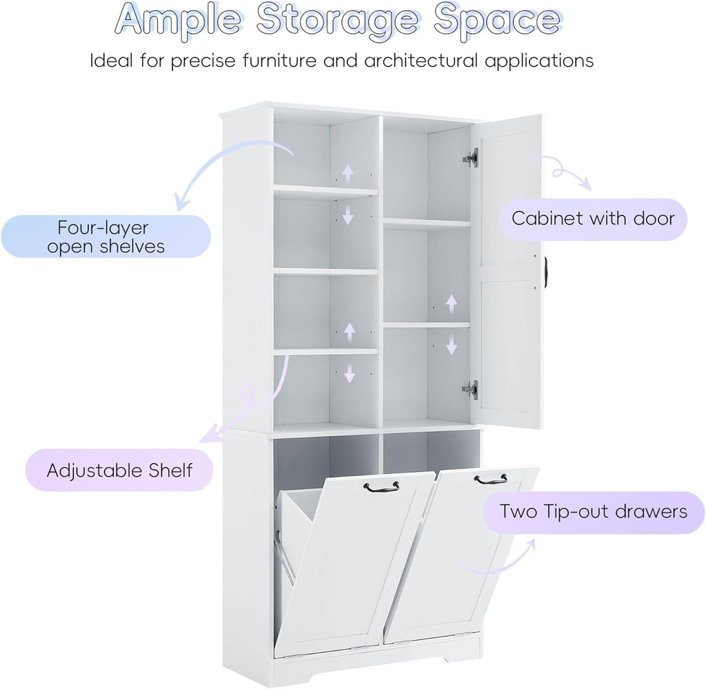 White Tall Bathroom Storage Cabinet with Laundry Hamper G1606