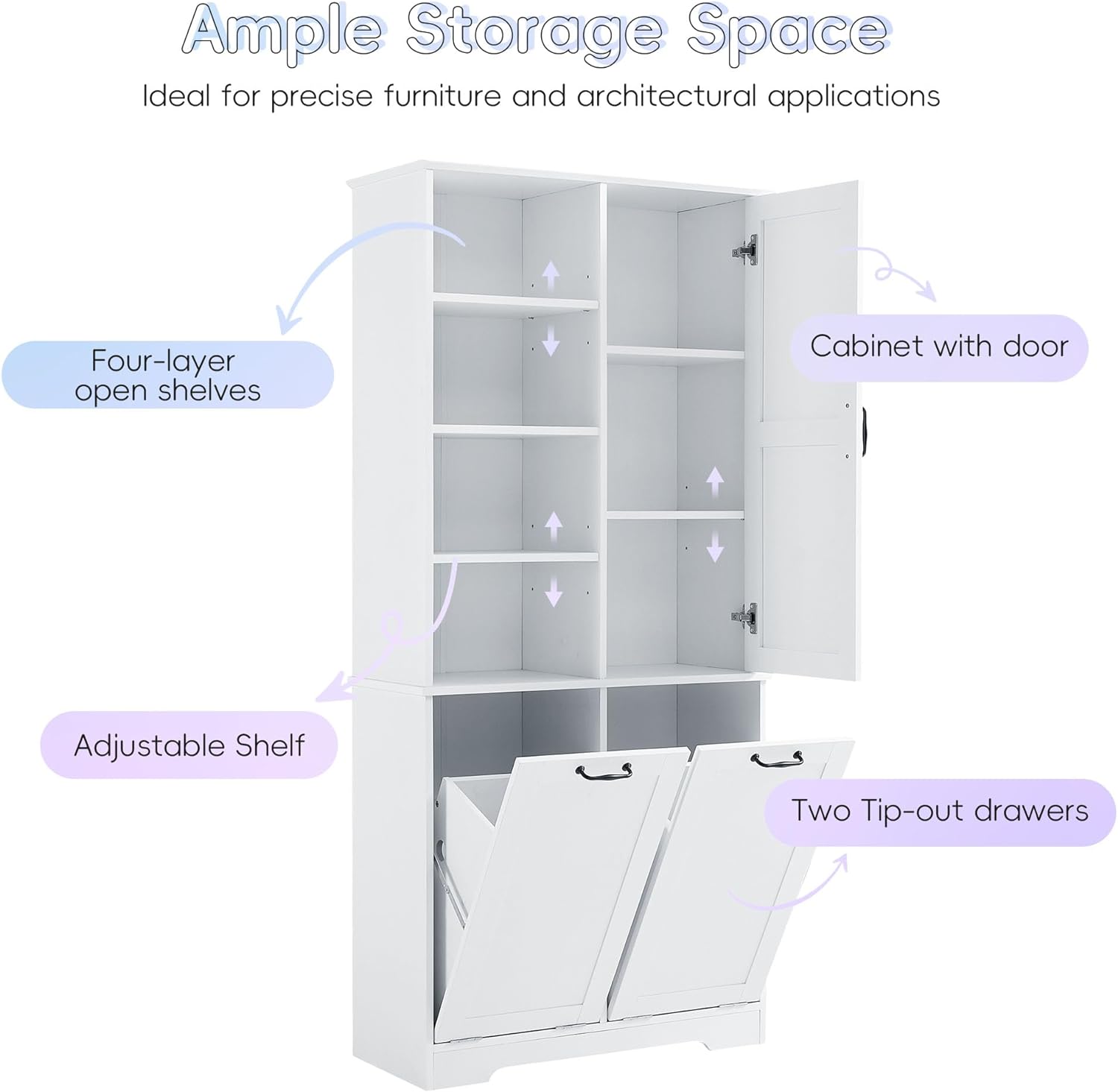 White Tall Bathroom Storage Cabinet with Laundry Hamper G1606