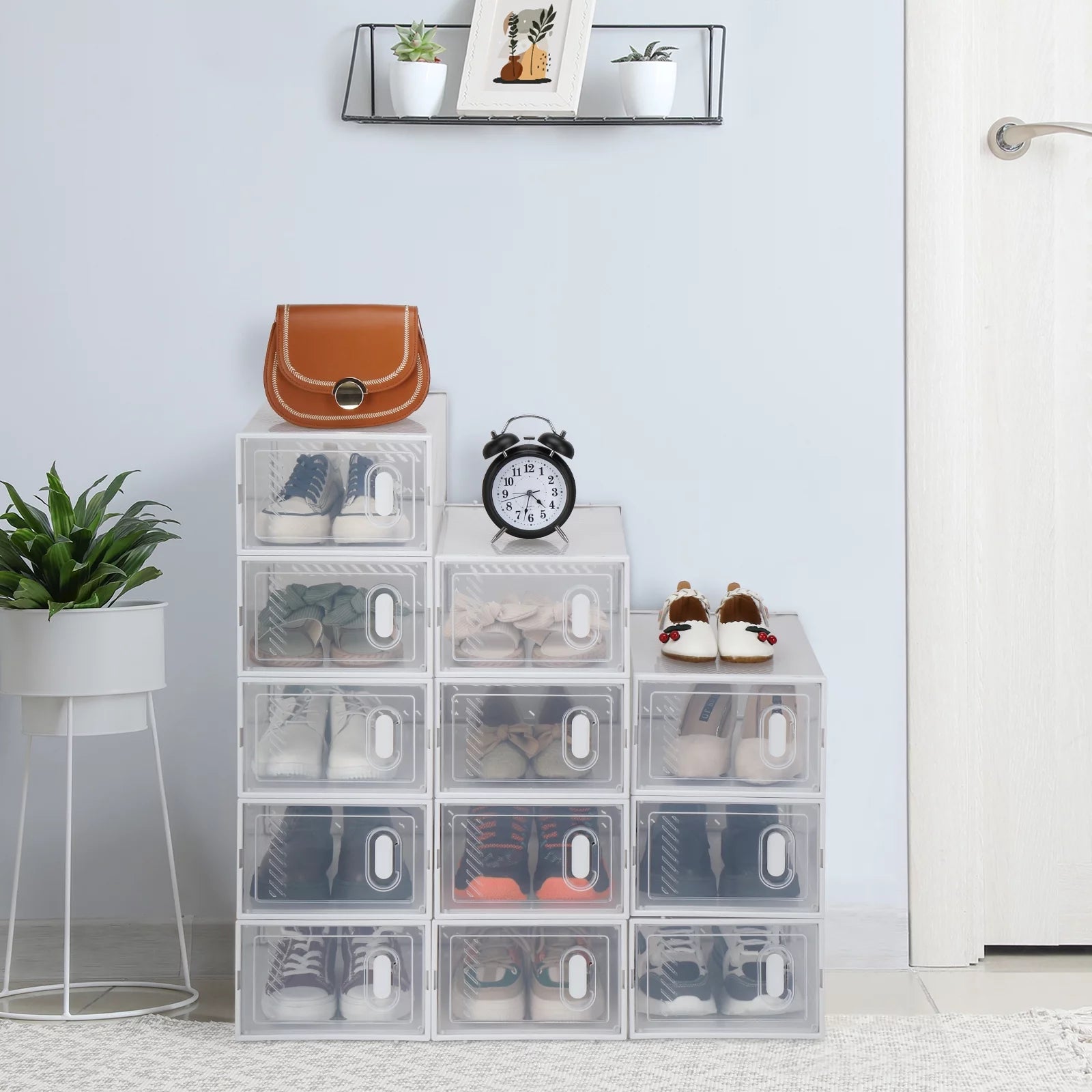 12 Packs White Clear Lid Foldable Stackable Shoe Storage Boxes Z28607