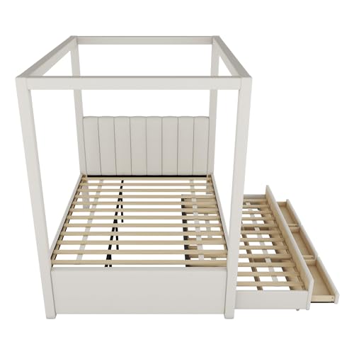 Beige Twin Size 4 Poster Canopy Bed with Upholstery Headboard, Trundle and 3 Drawers I131696