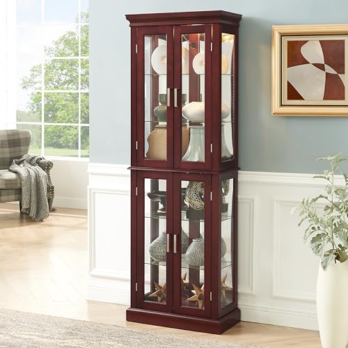Lighted Glass Display Cabinet with Adjustable Shelves and Mirrored Back H6879