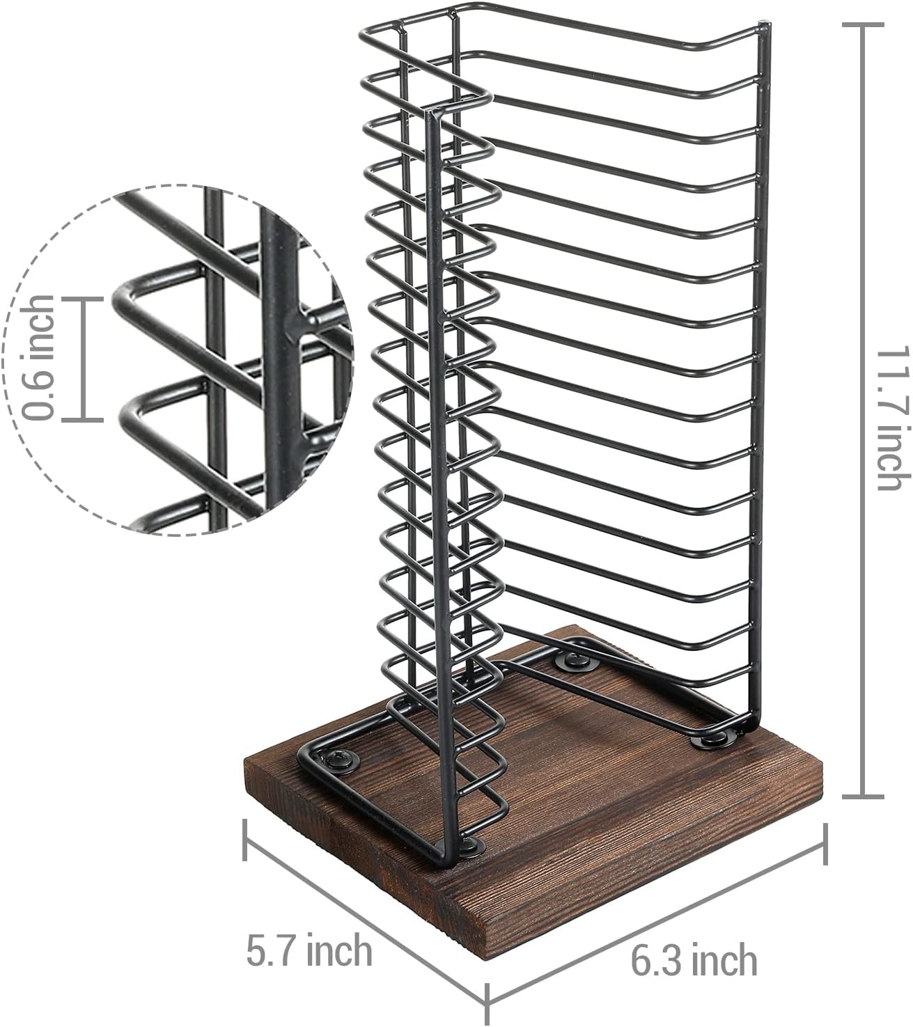 Matte Black Metal Wire Vertical CD Holder with Burnt Wood Base, Holds 15 Jewel Cases T10189