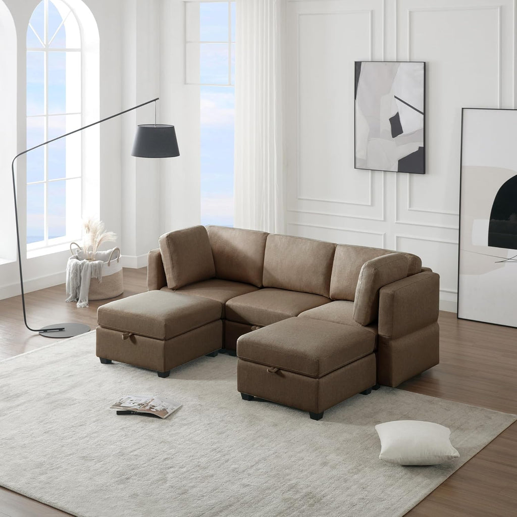Brown Reversible Modular Sectional Sofa with Chaise and Storage N376