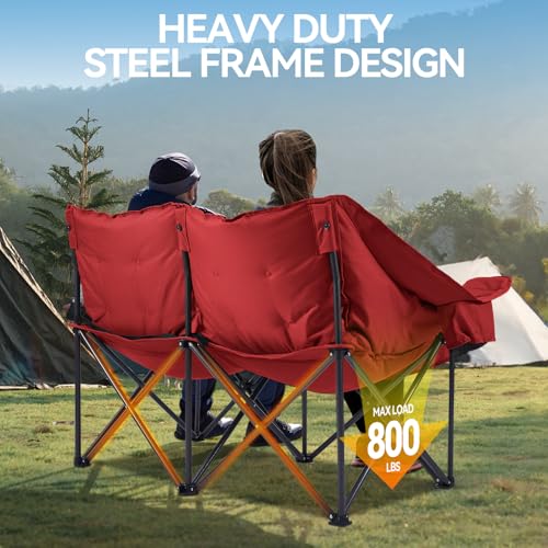 Grey Double Padded Camping Loveseat Chair with Cup Holders and Carry Bag U151647
