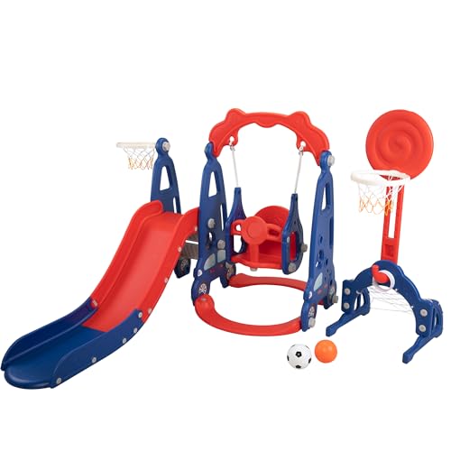 5 in 1 Toddler Slide and Swing Set with Basketball Hoop, Football Gate Q412838
