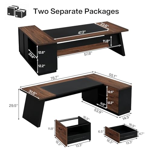 78" L-Shaped Executive Desk with Drawers and Lateral File Cabinet, Walnut & Black I747