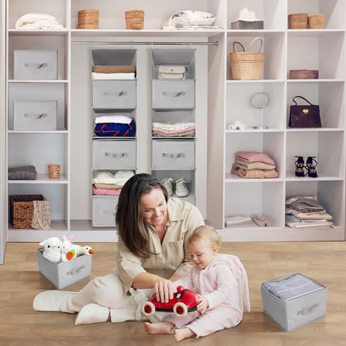 6-Shelf Hanging Closet Organizer with 3 Removable Drawers and 4 Side Pockets, Light Gray D7693