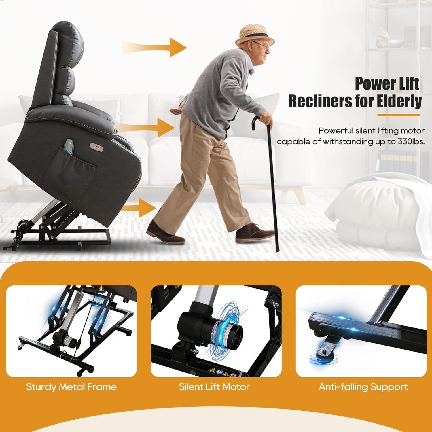 Power Lift Recliner Chair with Heat and Massage, Electric Recliner Chairs with Standing Assistance, 2 Cup Holders, USB Charge Port, Breathable Leather J716