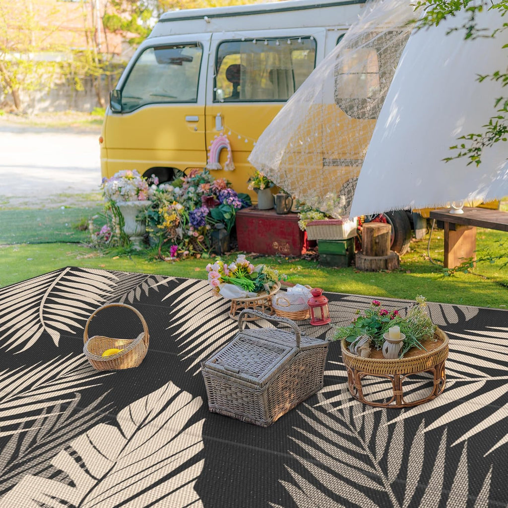 9' x 18' Waterproof Reversible Outdoor Rug Black Beige R2779